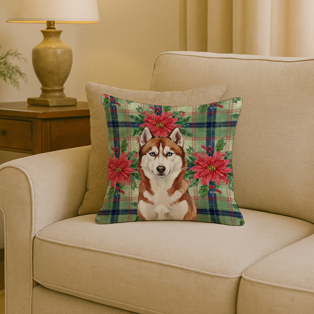Red and White Siberian Husky Christmas PoinsettIas Decorative Throw Pillow 18x18 Indoor Outdoor Accent Cushion, Fabric Cover with Insert for Sofa, Bed, Porch & Living Room
