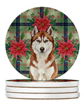 Red and White Siberian Husky Christmas PoinsettIas Large Sandstone Coasters Pack of 4 Absorbent Round Coasters Decor Gifts for Men or Women, 4 in, Multicolor