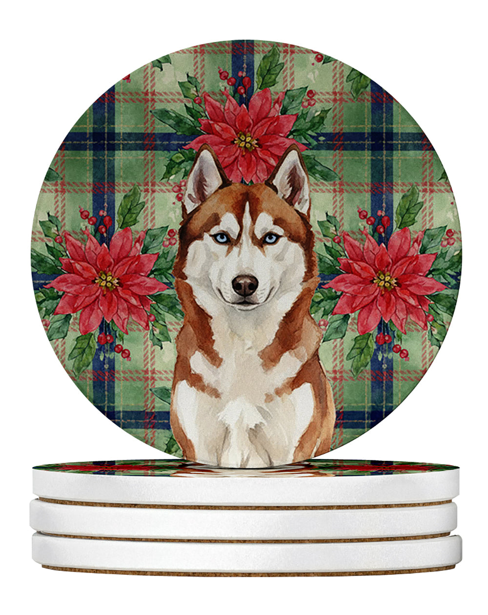 Red and White Siberian Husky Christmas PoinsettIas Large Sandstone Coasters Pack of 4 Absorbent Round Coasters Decor Gifts for Men or Women, 4 in, Multicolor