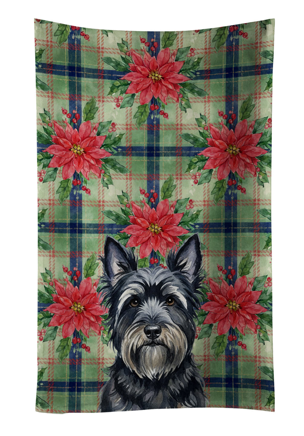 Black Skye Terrier Christmas PoinsettIas Kitchen Towel Velour Plush Front and Cotton Loop Back Machine Washable