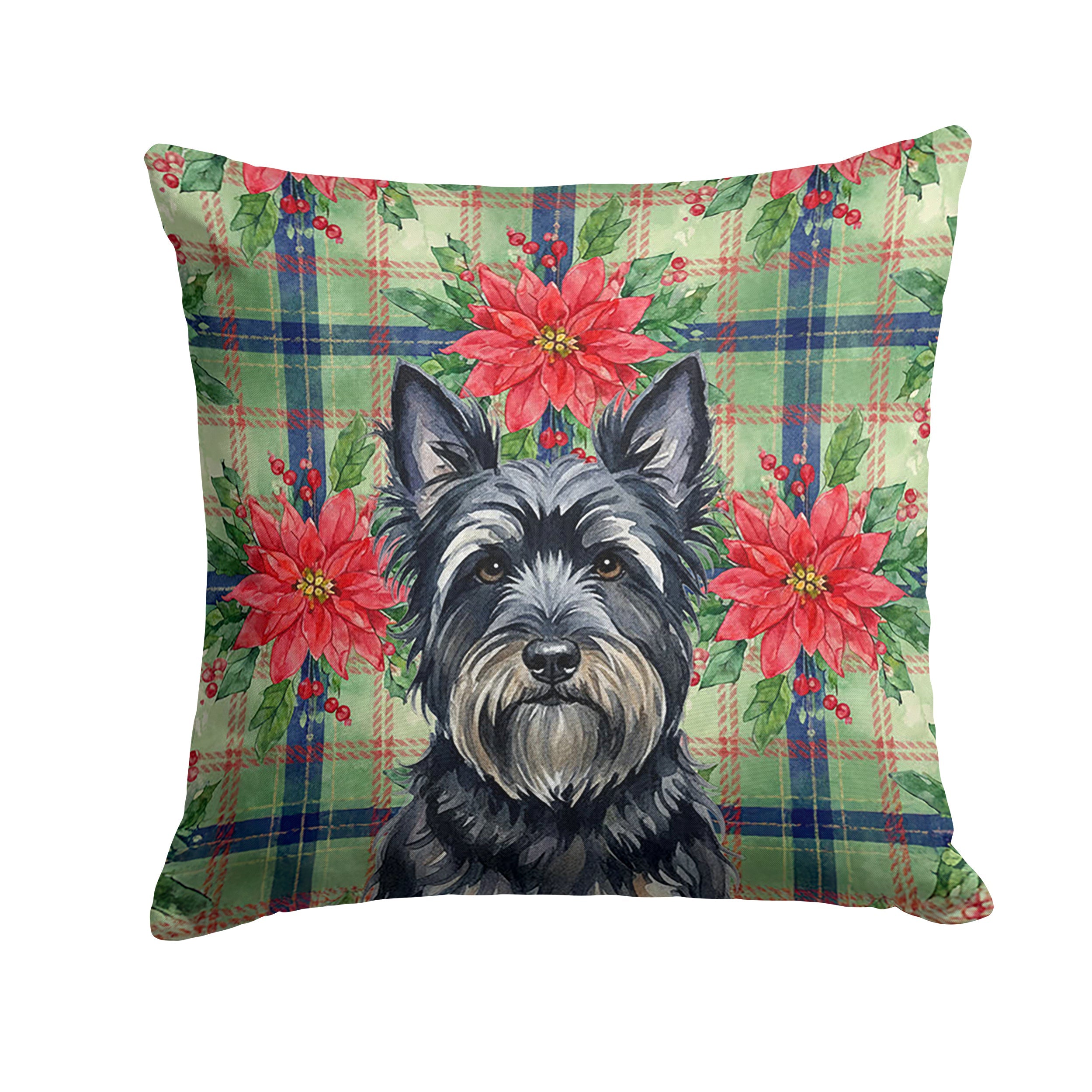 Black Skye Terrier Christmas PoinsettIas Decorative Throw Pillow 14x14 Indoor Outdoor Accent Cushion, Fabric Cover with Insert for Sofa, Bed, Porch & Living Room