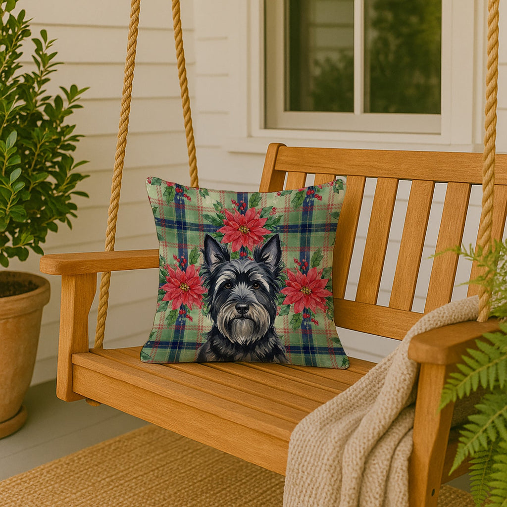 Black Skye Terrier Christmas PoinsettIas Decorative Throw Pillow 18x18 Indoor Outdoor Accent Cushion, Fabric Cover with Insert for Sofa, Bed, Porch & Living Room