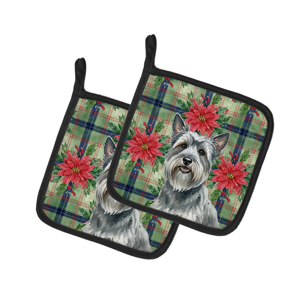 Gray Skye Terrier Christmas PoinsettIas Pot Holder Set of 2 Heat Resistant Quilted Hot Pads 7.5 x 7.5 Inch, Insulated Kitchen Trivets for Cooking & Baking