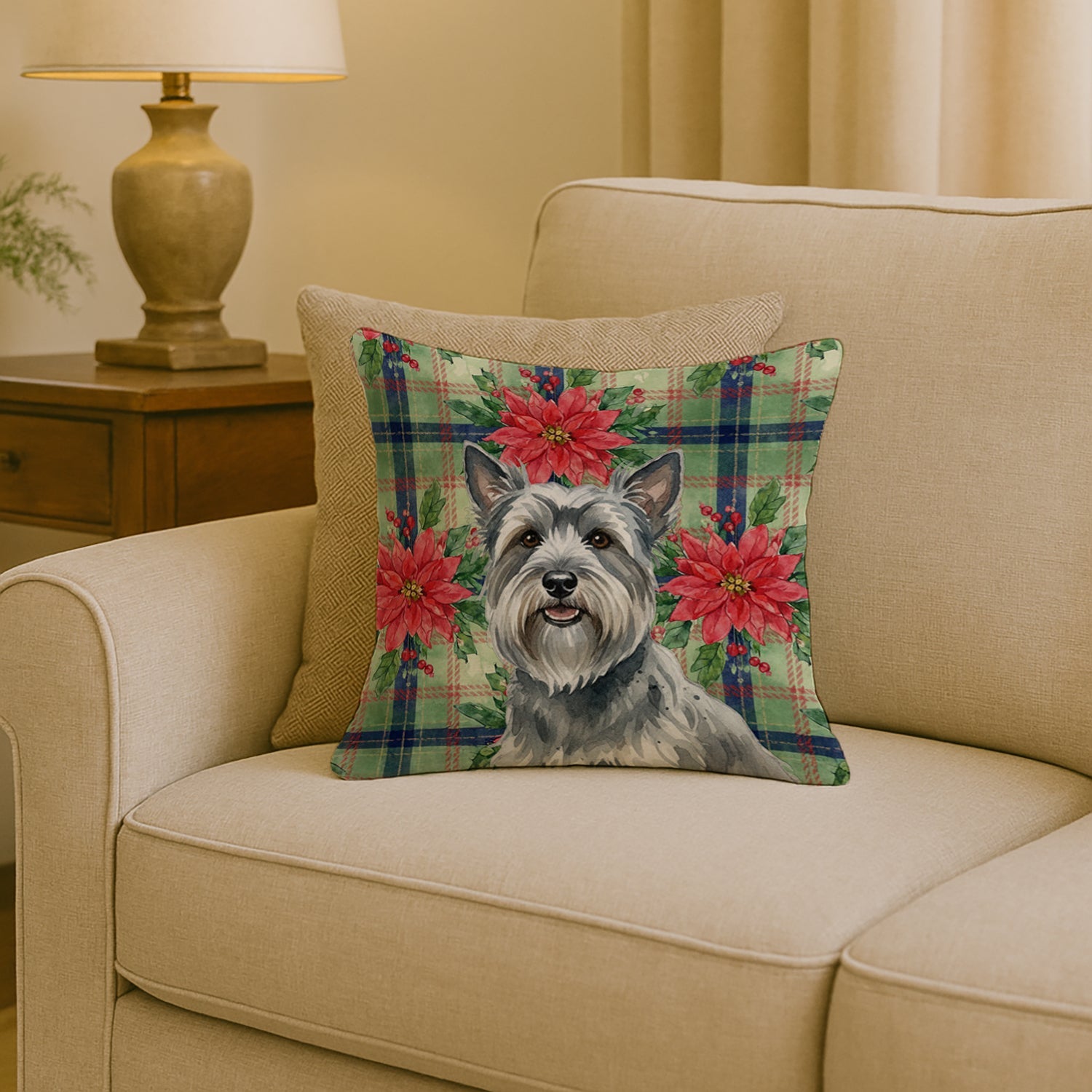 Gray Skye Terrier Christmas PoinsettIas Decorative Throw Pillow 18x18 Indoor Outdoor Accent Cushion, Fabric Cover with Insert for Sofa, Bed, Porch & Living Room