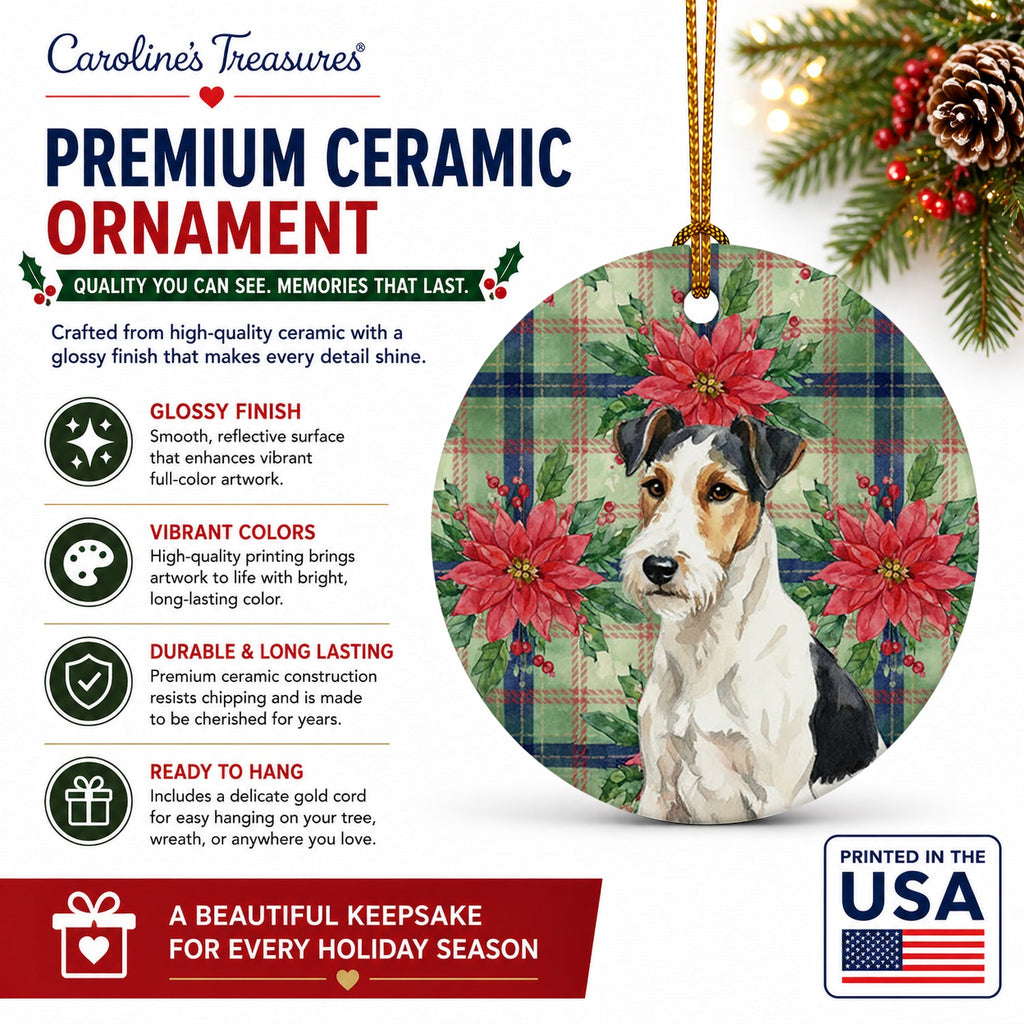 Smooth Fox Terrier Christmas PoinsettIas Ceramic Ornament Christmas Tree Hanging Decorations for Home Christmas Holiday, Party, Gift, 3 in, Multicolor