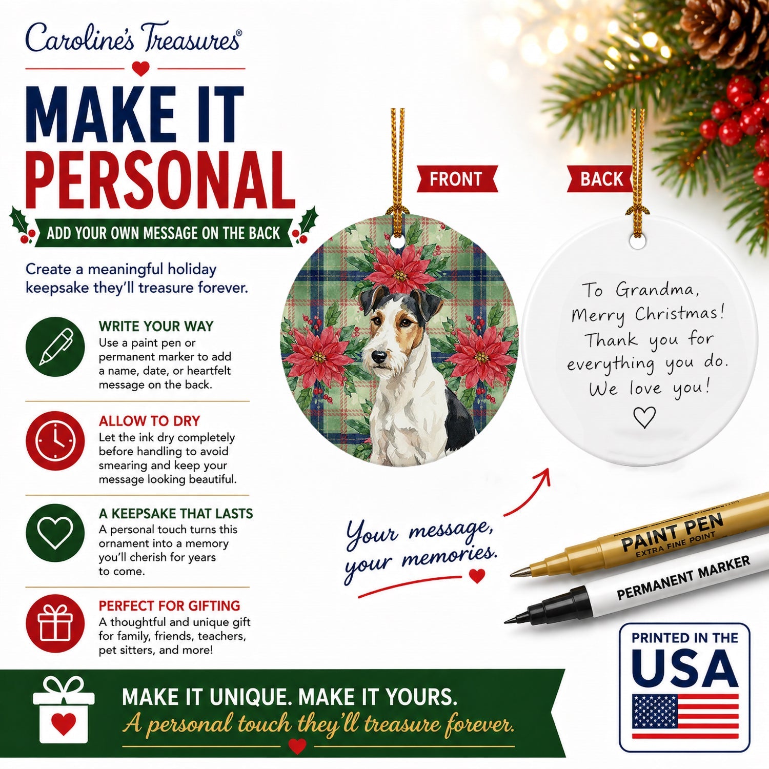 Smooth Fox Terrier Christmas PoinsettIas Ceramic Ornament Christmas Tree Hanging Decorations for Home Christmas Holiday, Party, Gift, 3 in, Multicolor