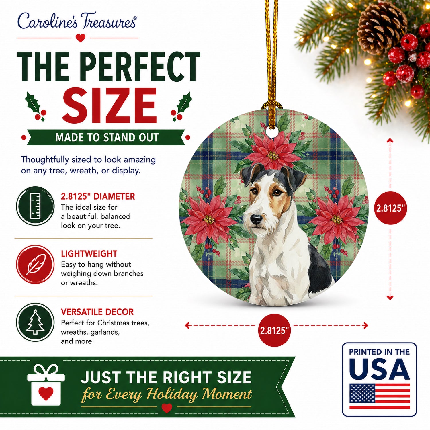 Smooth Fox Terrier Christmas PoinsettIas Ceramic Ornament Christmas Tree Hanging Decorations for Home Christmas Holiday, Party, Gift, 3 in, Multicolor