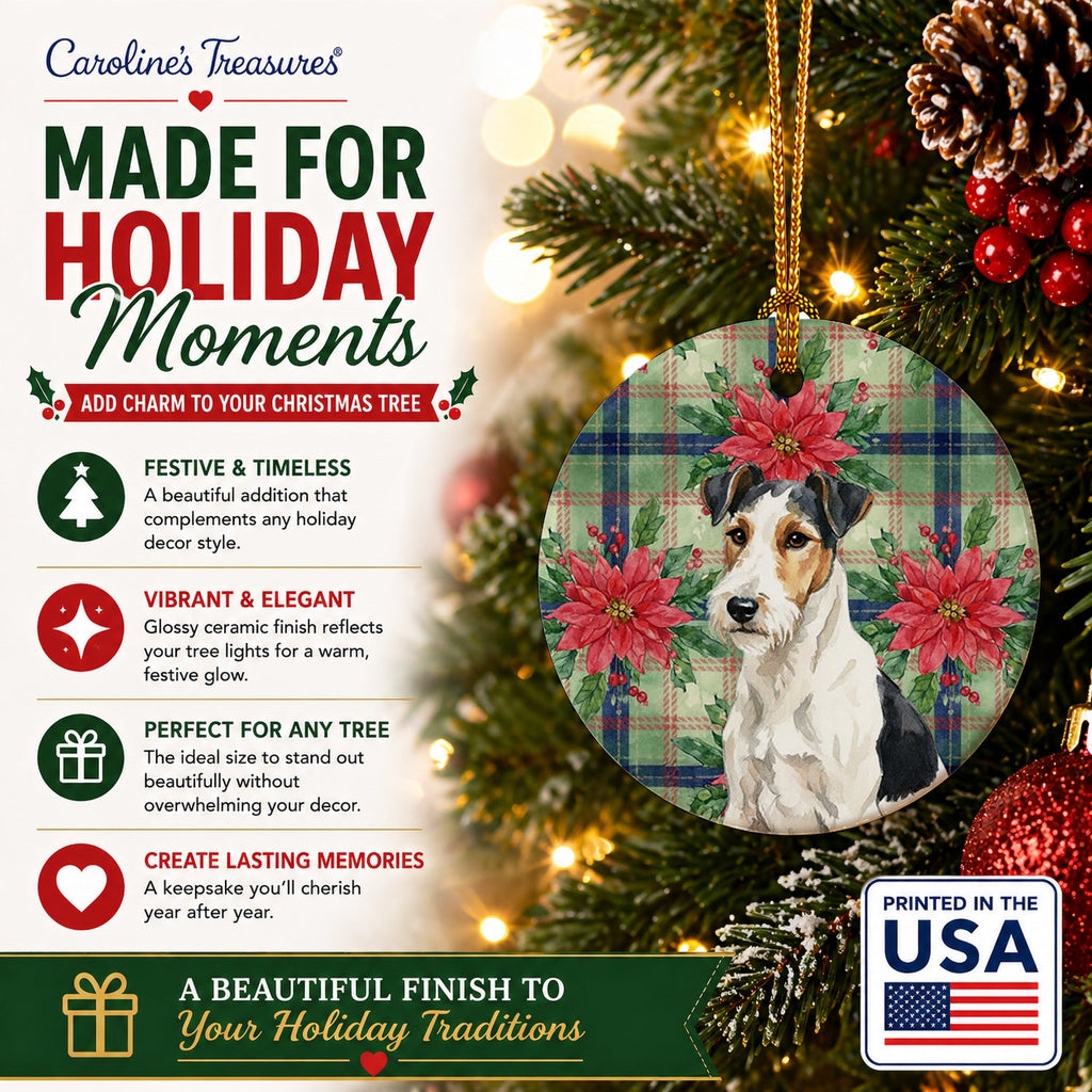 Smooth Fox Terrier Christmas PoinsettIas Ceramic Ornament Christmas Tree Hanging Decorations for Home Christmas Holiday, Party, Gift, 3 in, Multicolor