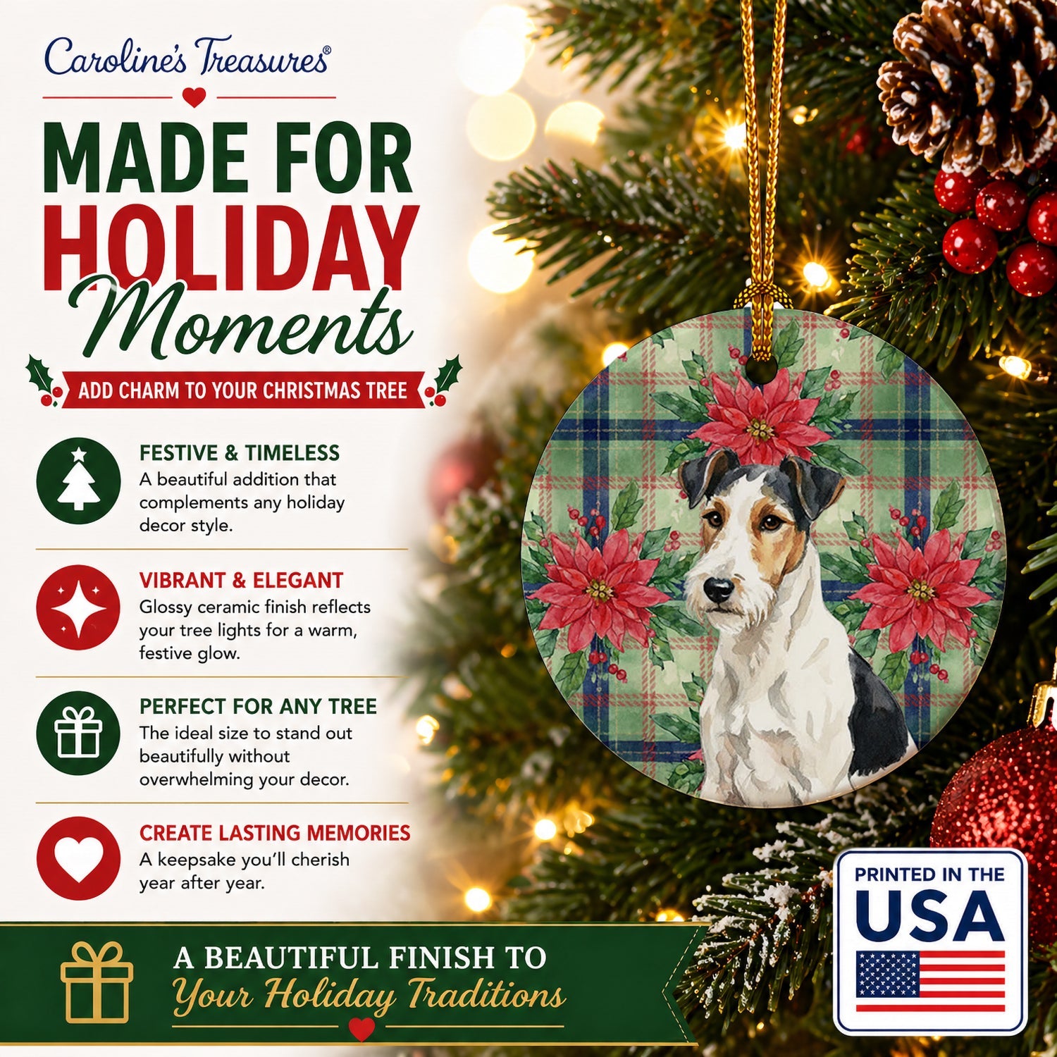 Smooth Fox Terrier Christmas PoinsettIas Ceramic Ornament Christmas Tree Hanging Decorations for Home Christmas Holiday, Party, Gift, 3 in, Multicolor