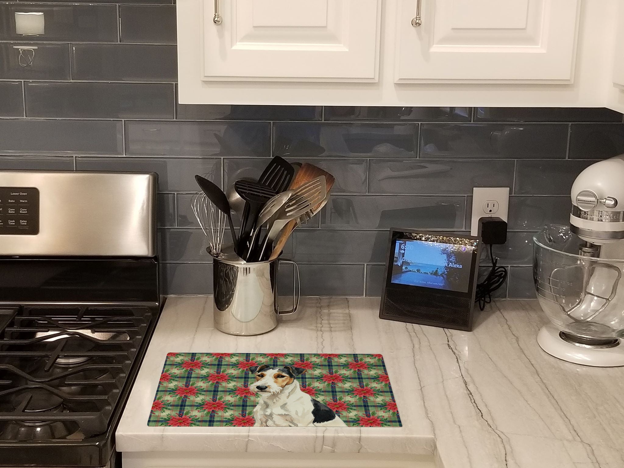 Smooth Fox Terrier Christmas PoinsettIas Cutting Board Tempered Glass Kitchen Cutting Surface, Heat Resistant Chopping, Non-Slip Feet, Food Prep & Serving