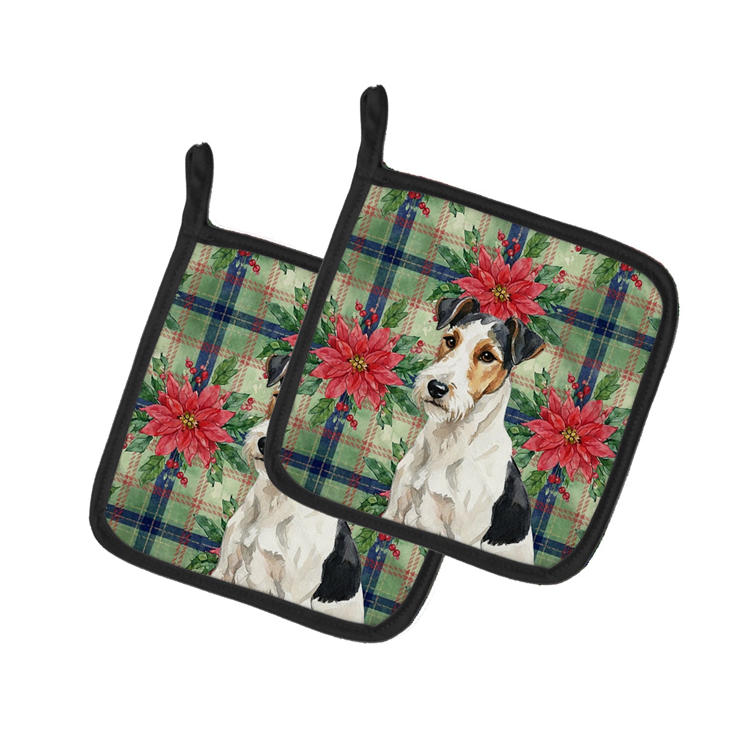 Smooth Fox Terrier Christmas PoinsettIas Pot Holder Set of 2 Heat Resistant Quilted Hot Pads 7.5 x 7.5 Inch, Insulated Kitchen Trivets for Cooking & Baking