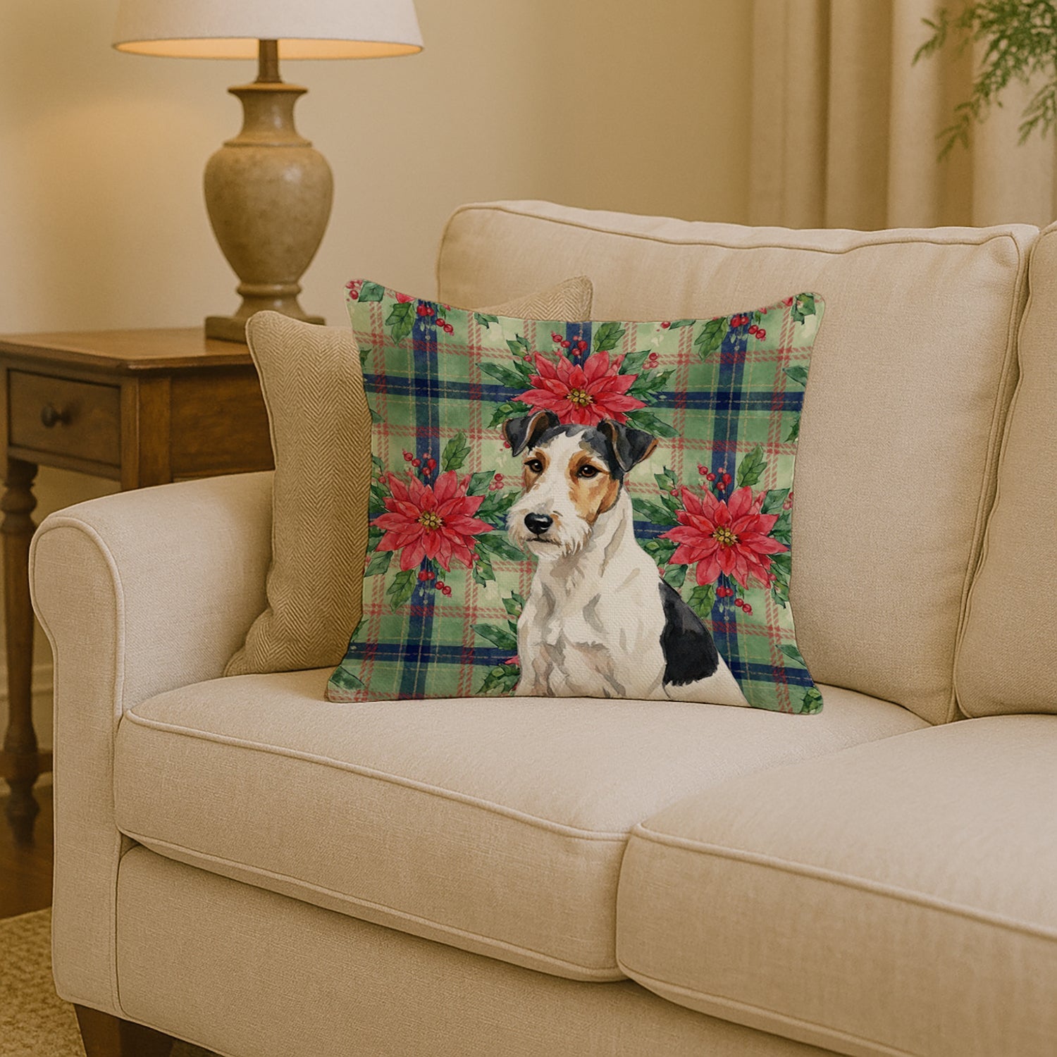 Smooth Fox Terrier Christmas PoinsettIas Decorative Throw Pillow 14x14 Indoor Outdoor Accent Cushion, Fabric Cover with Insert for Sofa, Bed, Porch & Living Room