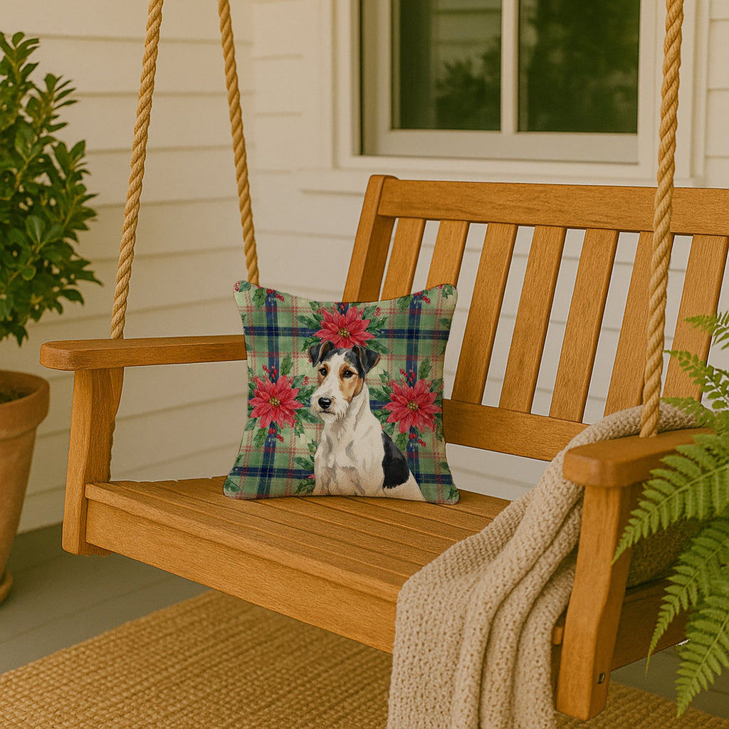 Smooth Fox Terrier Christmas PoinsettIas Decorative Throw Pillow 14x14 Indoor Outdoor Accent Cushion, Fabric Cover with Insert for Sofa, Bed, Porch & Living Room