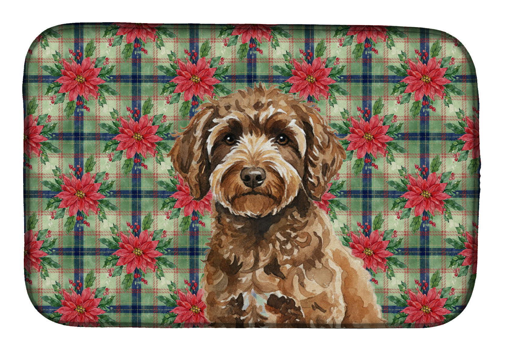 Spanish Water Dog Christmas PoinsettIas Dish Drying Mat Absorbent Dish Drying Mat Pad for Kitchen Counter Dish Drainer Mat for Countertop, 14 x 21", Multicolor