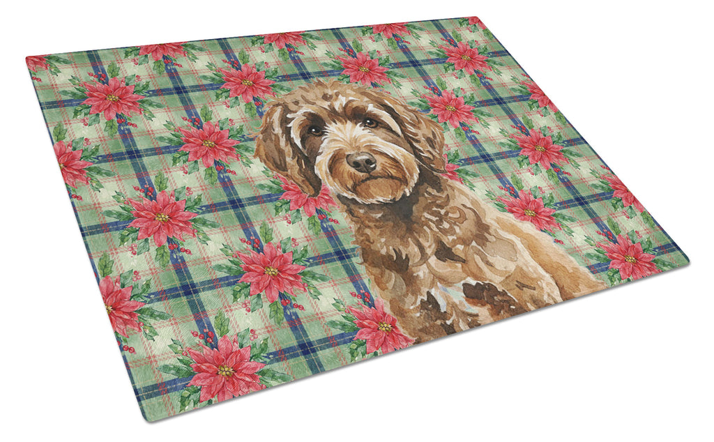 Spanish Water Dog Christmas PoinsettIas Cutting Board Tempered Glass Kitchen Cutting Surface, Heat Resistant Chopping, Non-Slip Feet, Food Prep & Serving