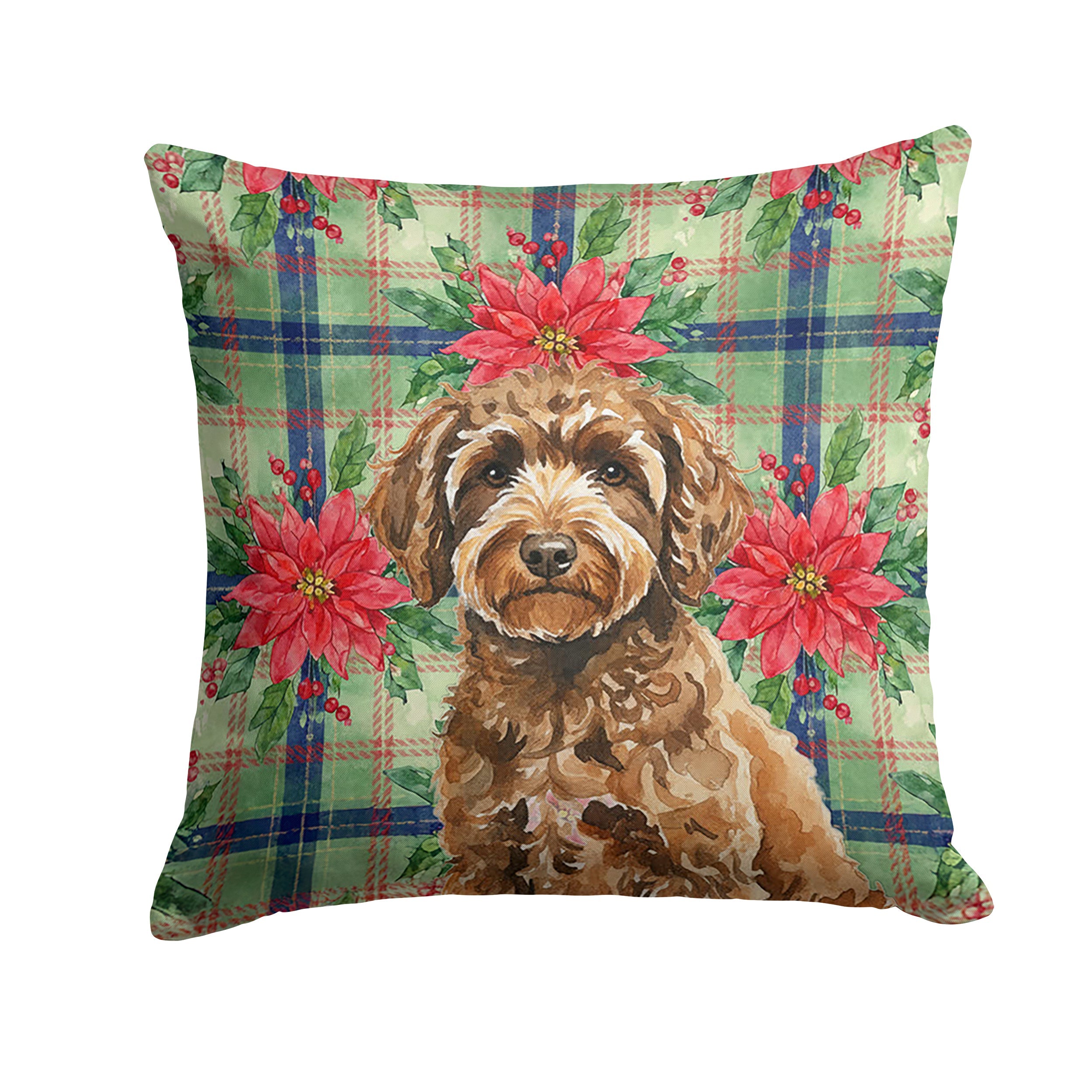 Spanish Water Dog Christmas PoinsettIas Decorative Throw Pillow 14x14 Indoor Outdoor Accent Cushion, Fabric Cover with Insert for Sofa, Bed, Porch & Living Room