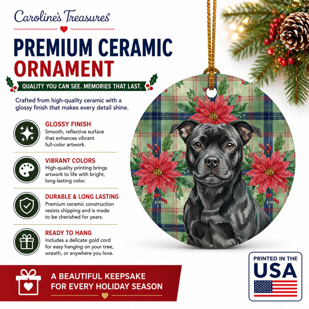 Black Staffordshire Bull Terrier Christmas PoinsettIas Ceramic Ornament Christmas Tree Hanging Decorations for Home Christmas Holiday, Party, Gift, 3 in, Multicolor
