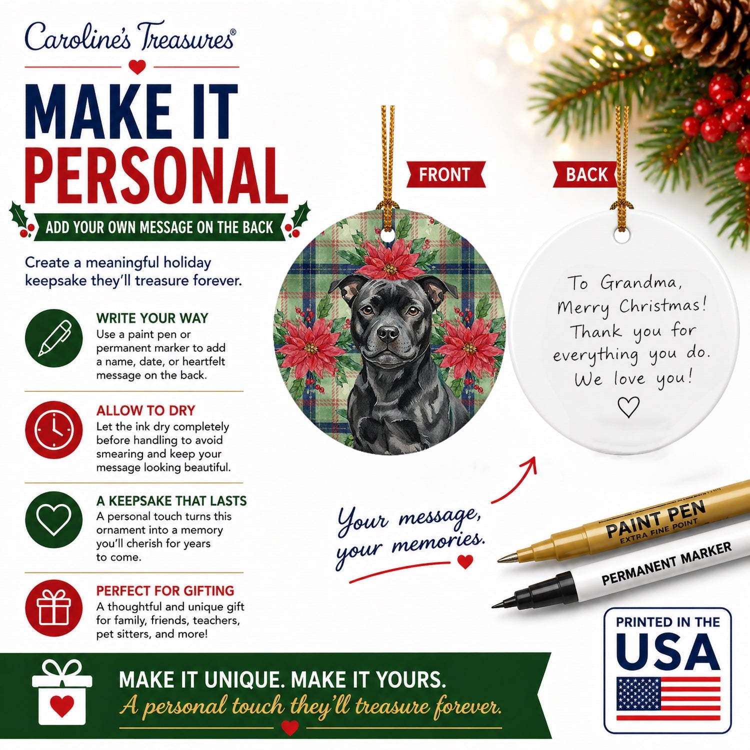 Black Staffordshire Bull Terrier Christmas PoinsettIas Ceramic Ornament Christmas Tree Hanging Decorations for Home Christmas Holiday, Party, Gift, 3 in, Multicolor