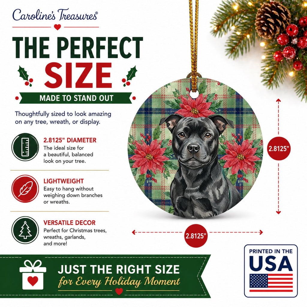 Black Staffordshire Bull Terrier Christmas PoinsettIas Ceramic Ornament Christmas Tree Hanging Decorations for Home Christmas Holiday, Party, Gift, 3 in, Multicolor