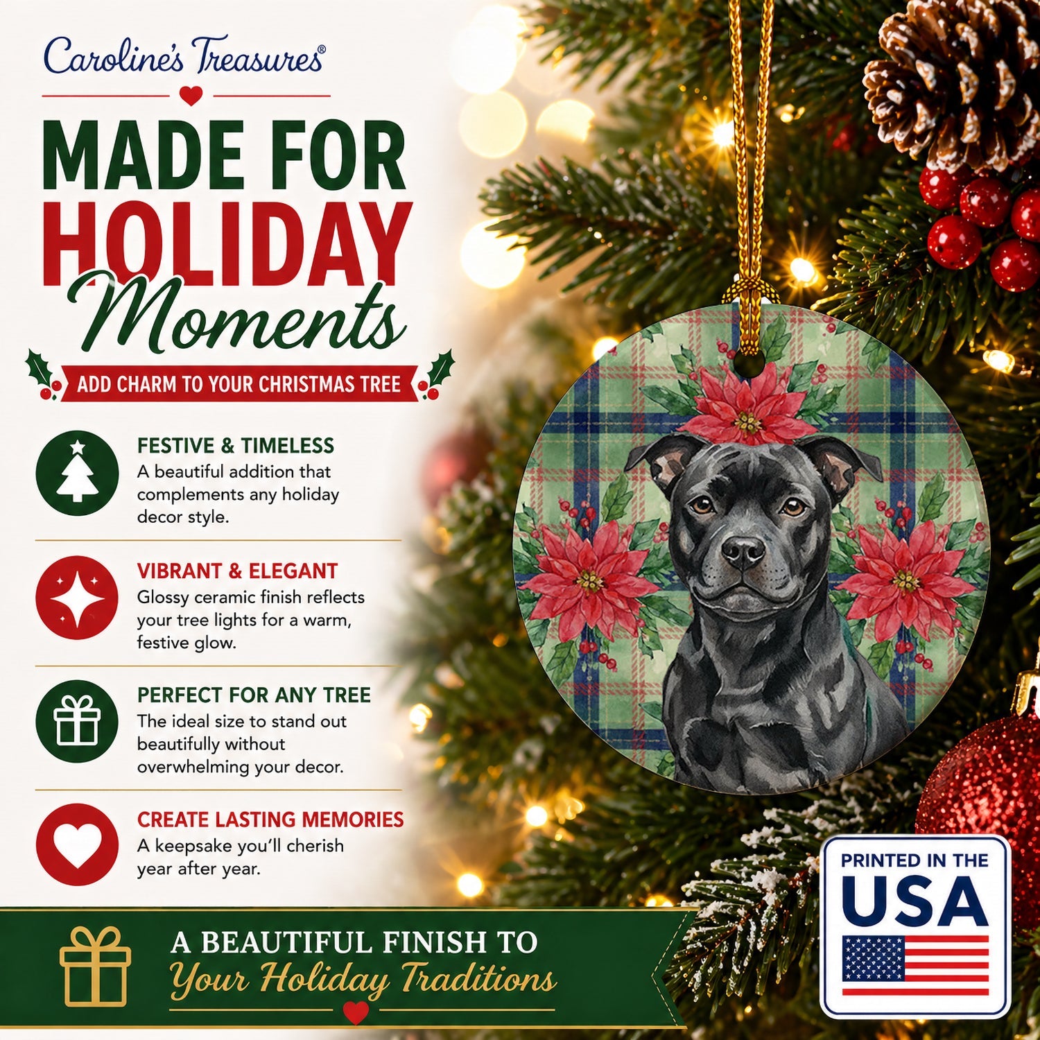 Black Staffordshire Bull Terrier Christmas PoinsettIas Ceramic Ornament Christmas Tree Hanging Decorations for Home Christmas Holiday, Party, Gift, 3 in, Multicolor