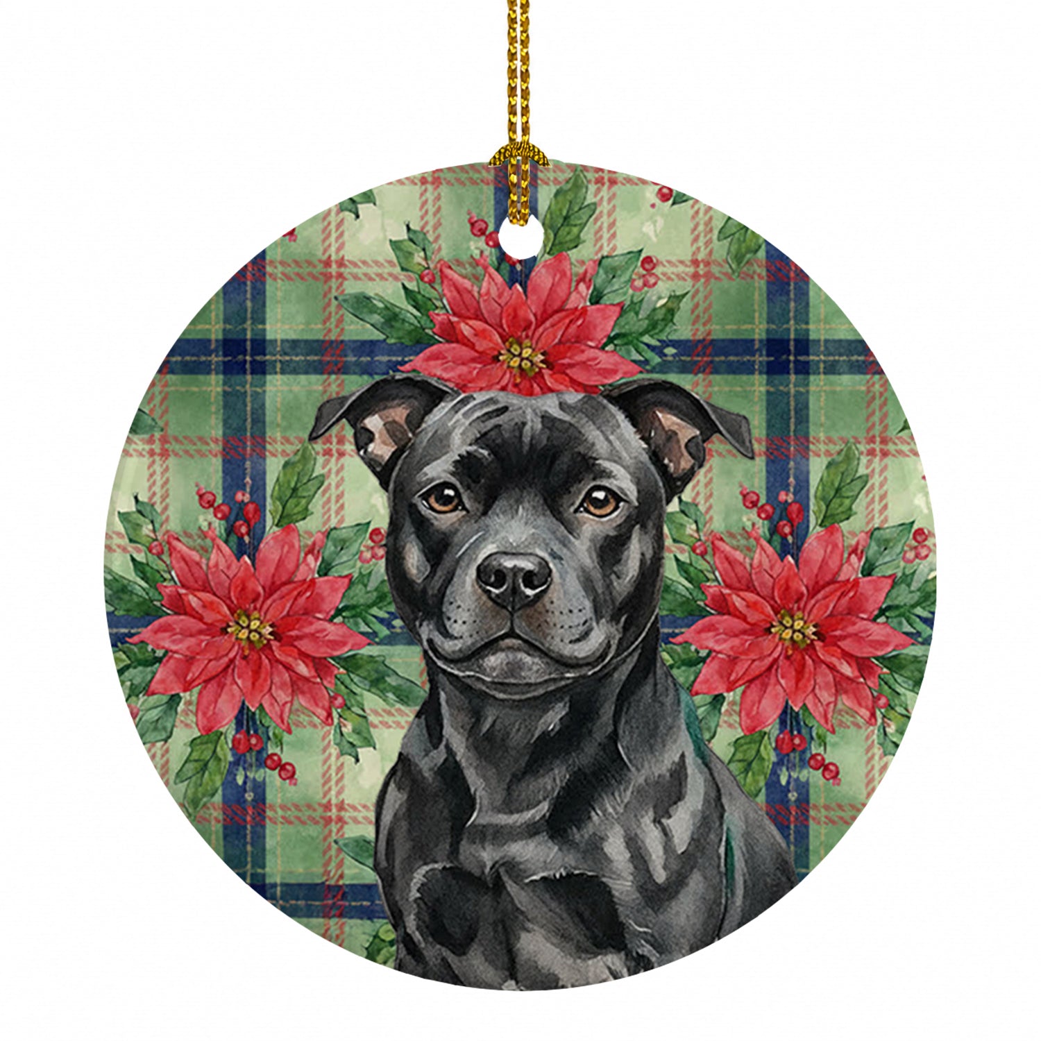 Black Staffordshire Bull Terrier Christmas PoinsettIas Ceramic Ornament Christmas Tree Hanging Decorations for Home Christmas Holiday, Party, Gift, 3 in, Multicolor