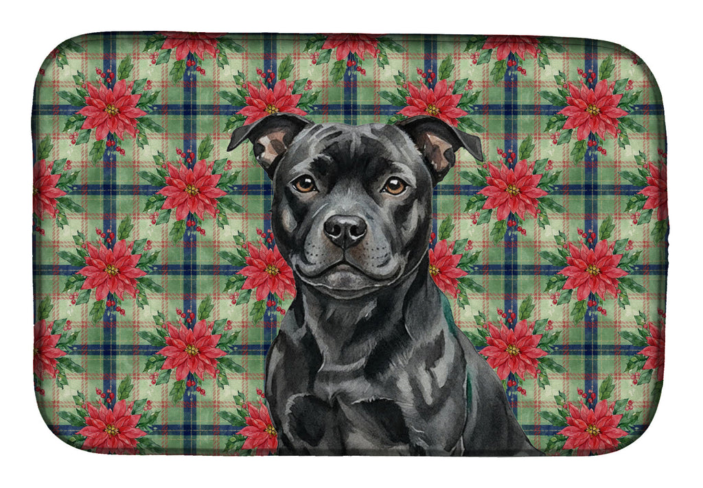 Black Staffordshire Bull Terrier Christmas PoinsettIas Dish Drying Mat Absorbent Dish Drying Mat Pad for Kitchen Counter Dish Drainer Mat for Countertop, 14 x 21", Multicolor