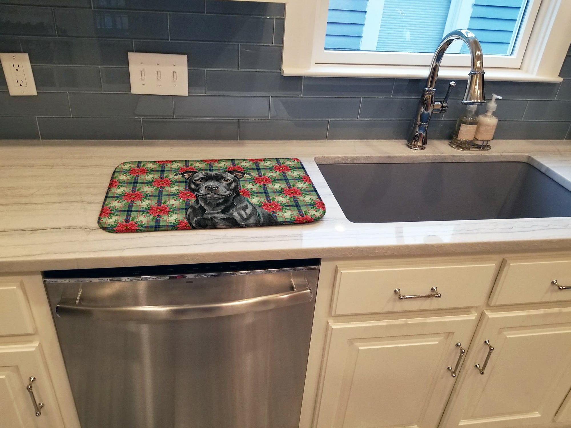Black Staffordshire Bull Terrier Christmas PoinsettIas Dish Drying Mat Absorbent Dish Drying Mat Pad for Kitchen Counter Dish Drainer Mat for Countertop, 14 x 21", Multicolor