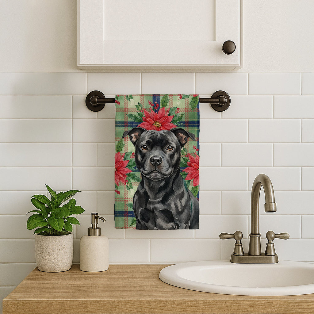 Black Staffordshire Bull Terrier Christmas PoinsettIas Kitchen Towel Velour Plush Front and Cotton Loop Back Machine Washable