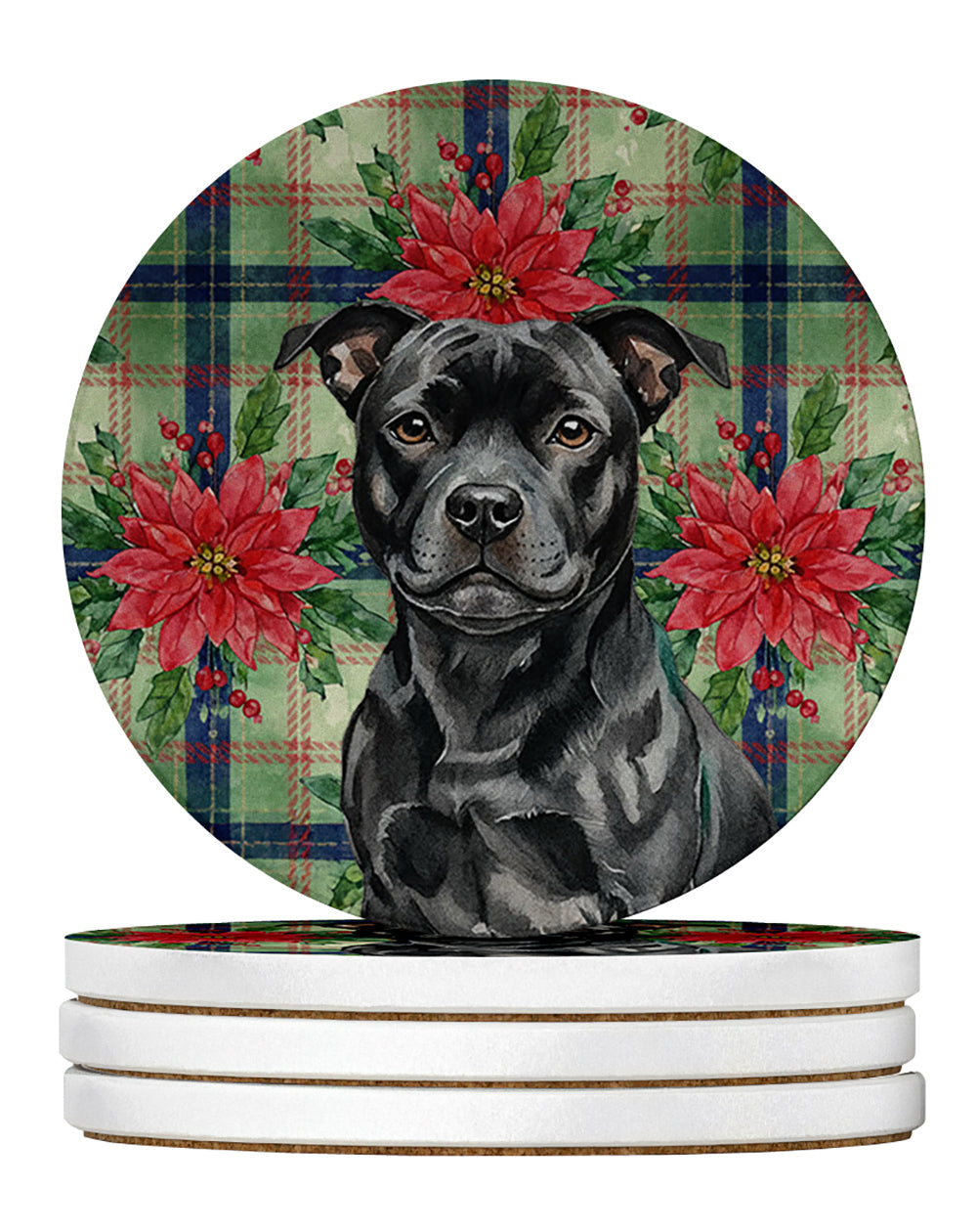 Black Staffordshire Bull Terrier Christmas PoinsettIas Large Sandstone Coasters Pack of 4 Absorbent Round Coasters Decor Gifts for Men or Women, 4 in, Multicolor