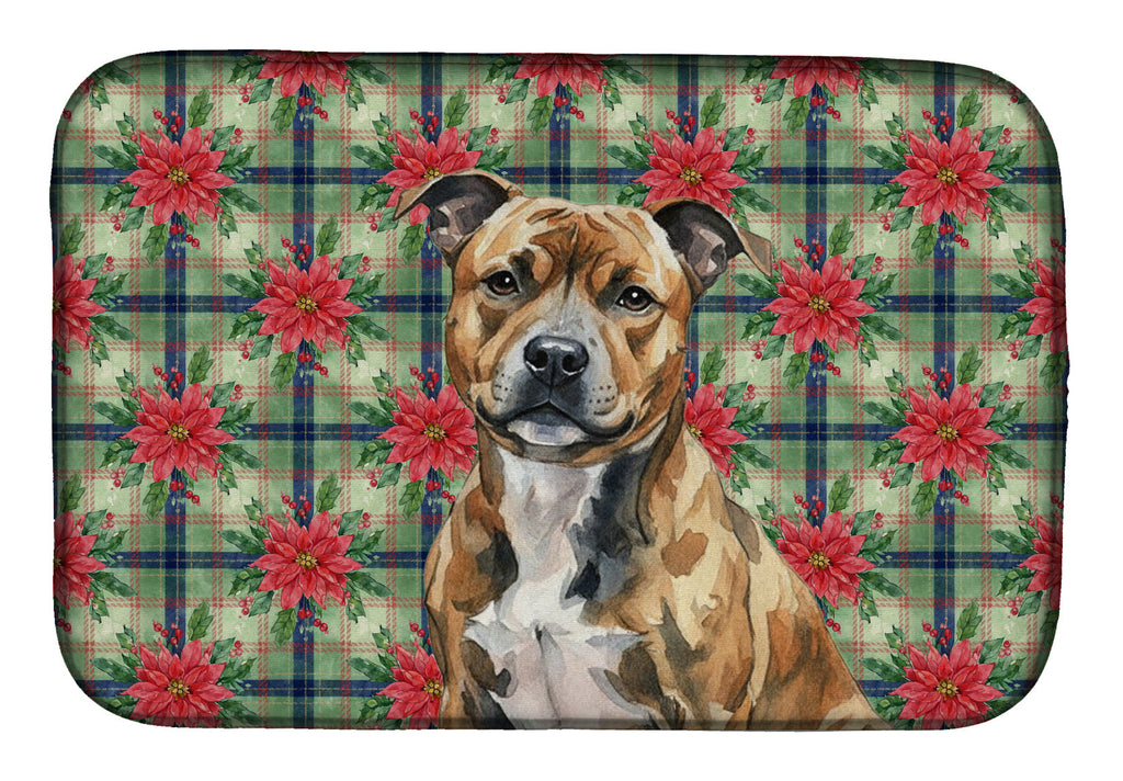 Brindle Staffordshire Bull Terrier Christmas PoinsettIas Dish Drying Mat Absorbent Dish Drying Mat Pad for Kitchen Counter Dish Drainer Mat for Countertop, 14 x 21", Multicolor