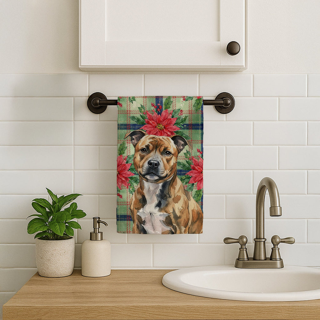 Brindle Staffordshire Bull Terrier Christmas PoinsettIas Kitchen Towel Velour Plush Front and Cotton Loop Back Machine Washable