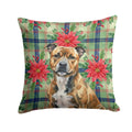 Brindle Staffordshire Bull Terrier Christmas PoinsettIas Decorative Throw Pillow 18x18 Indoor Outdoor Accent Cushion, Fabric Cover with Insert for Sofa, Bed, Porch & Living Room