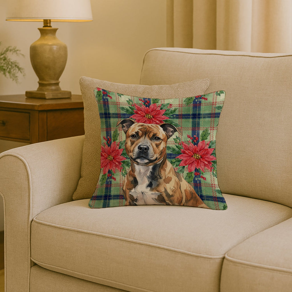 Brindle Staffordshire Bull Terrier Christmas PoinsettIas Decorative Throw Pillow 18x18 Indoor Outdoor Accent Cushion, Fabric Cover with Insert for Sofa, Bed, Porch & Living Room