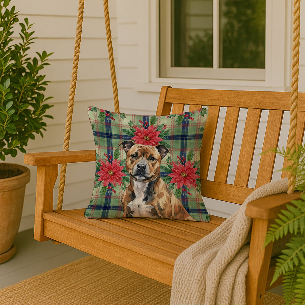Brindle Staffordshire Bull Terrier Christmas PoinsettIas Decorative Throw Pillow 18x18 Indoor Outdoor Accent Cushion, Fabric Cover with Insert for Sofa, Bed, Porch & Living Room
