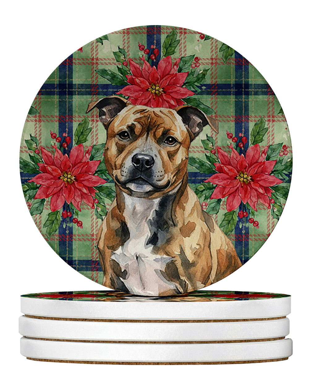 Brindle Staffordshire Bull Terrier Christmas PoinsettIas Large Sandstone Coasters Pack of 4 Absorbent Round Coasters Decor Gifts for Men or Women, 4 in, Multicolor