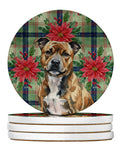 Brindle Staffordshire Bull Terrier Christmas PoinsettIas Large Sandstone Coasters Pack of 4 Absorbent Round Coasters Decor Gifts for Men or Women, 4 in, Multicolor