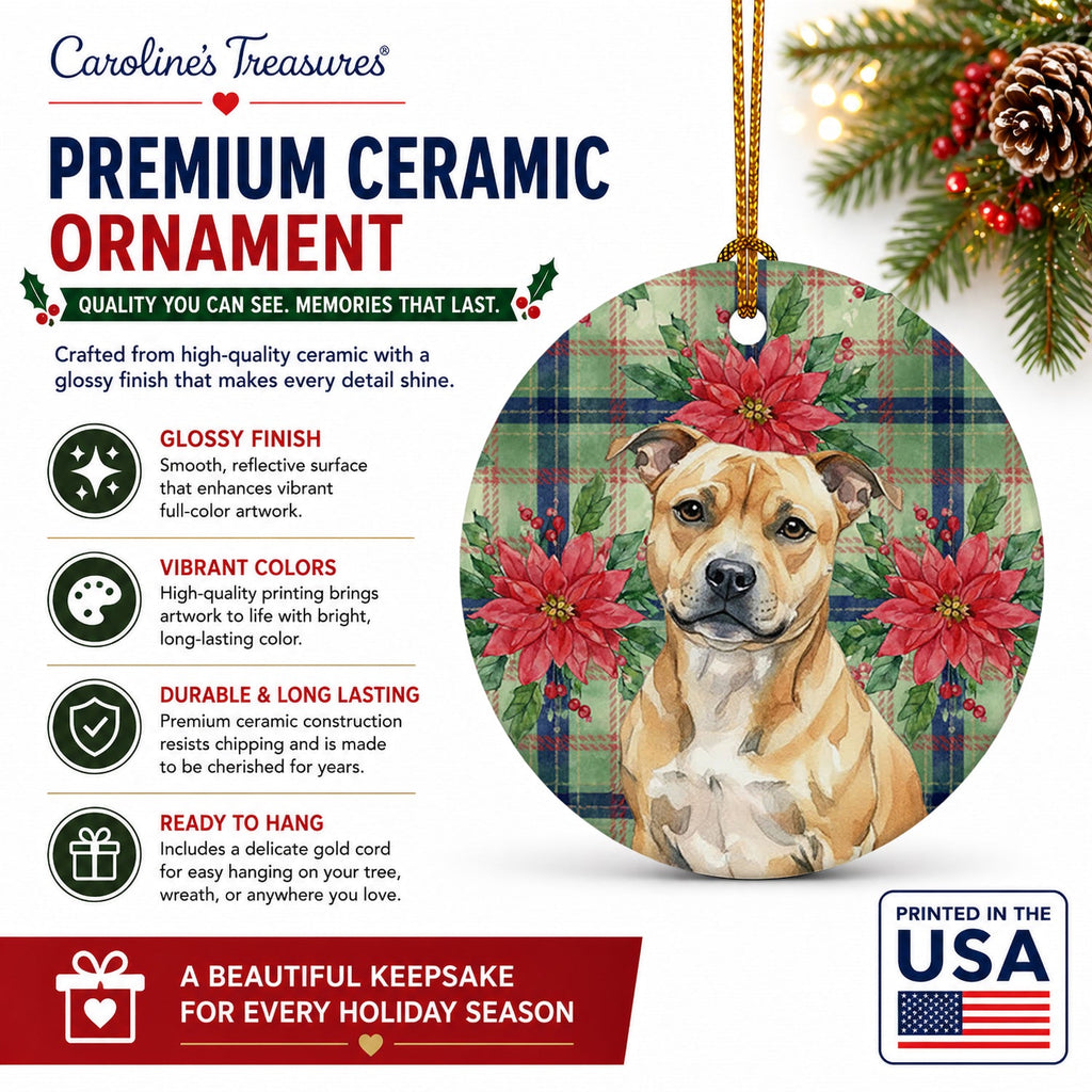 Fawn Staffordshire Bull Terrier Christmas PoinsettIas Ceramic Ornament Christmas Tree Hanging Decorations for Home Christmas Holiday, Party, Gift, 3 in, Multicolor