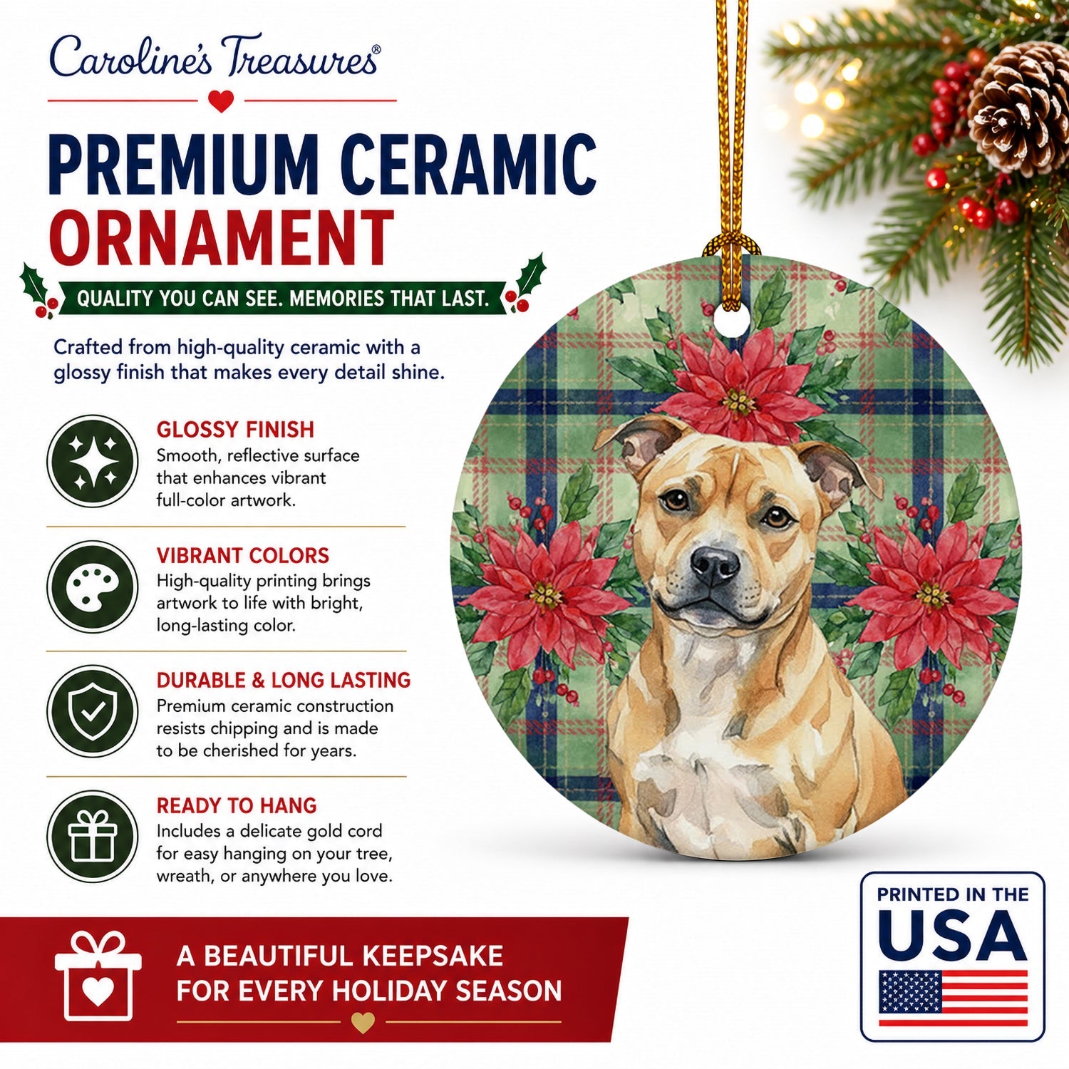 Fawn Staffordshire Bull Terrier Christmas PoinsettIas Ceramic Ornament Christmas Tree Hanging Decorations for Home Christmas Holiday, Party, Gift, 3 in, Multicolor