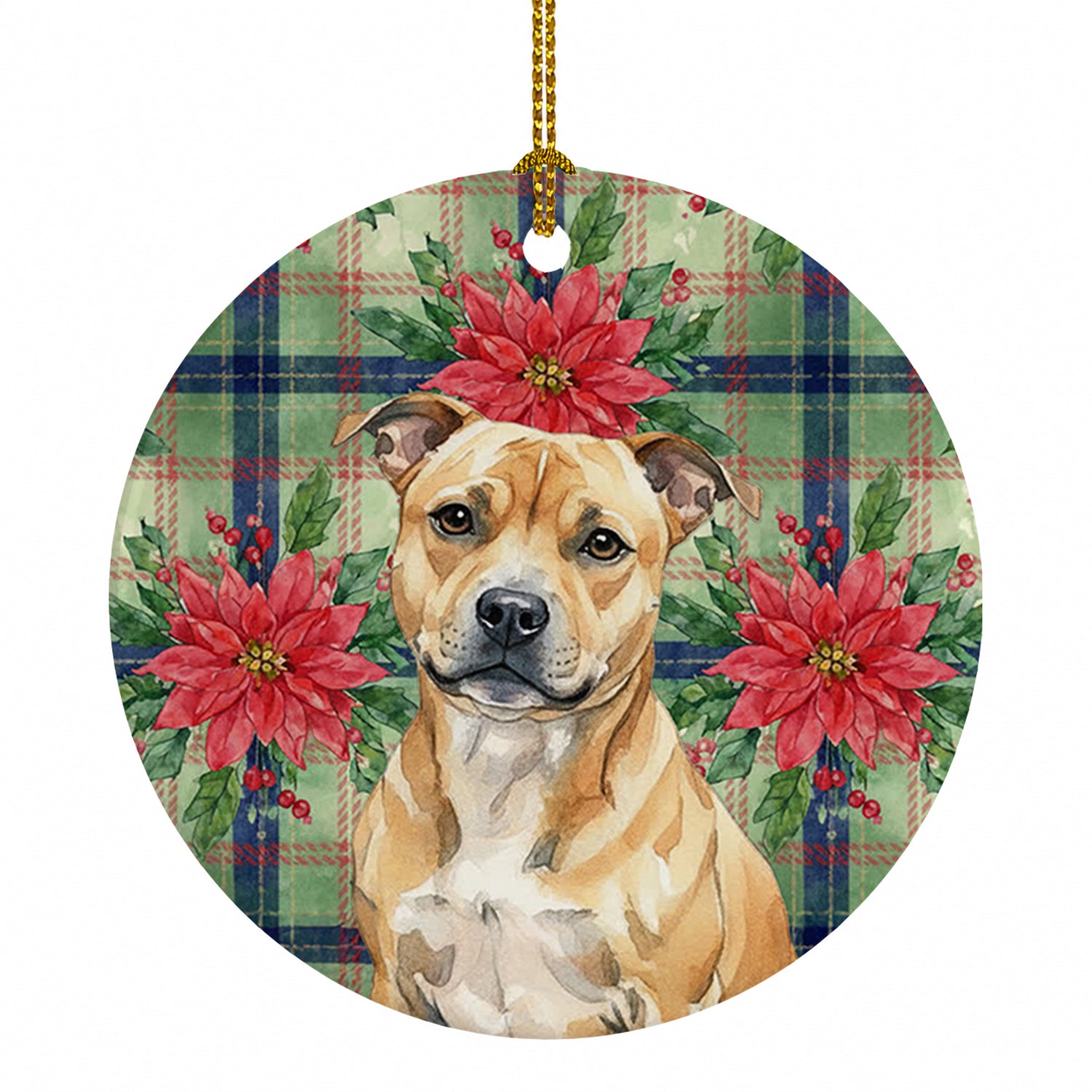 Fawn Staffordshire Bull Terrier Christmas PoinsettIas Ceramic Ornament Christmas Tree Hanging Decorations for Home Christmas Holiday, Party, Gift, 3 in, Multicolor