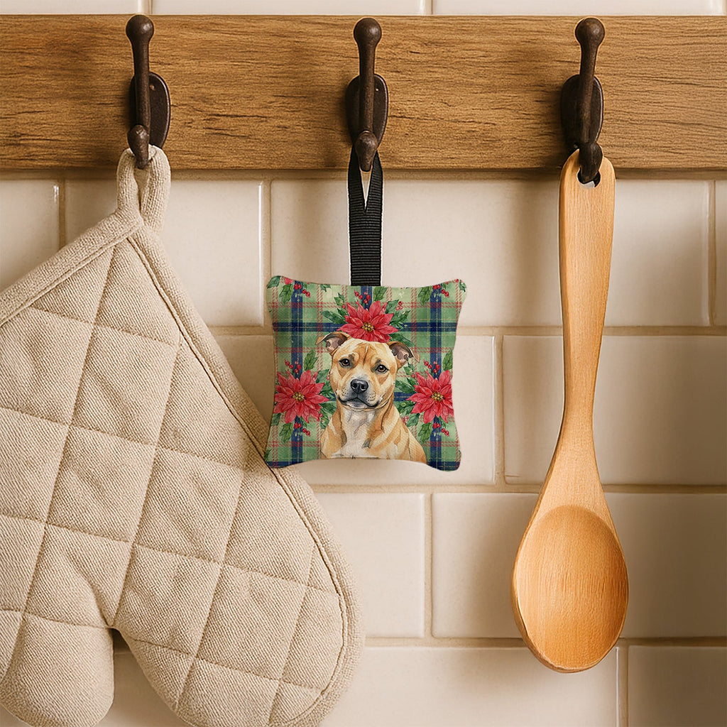Fawn Staffordshire Bull Terrier Christmas PoinsettIas Hanging Square Fabric Ornament 3.5 � 3.5 Decorative Door-Knob & Tree Hanger, Soft Fabric
