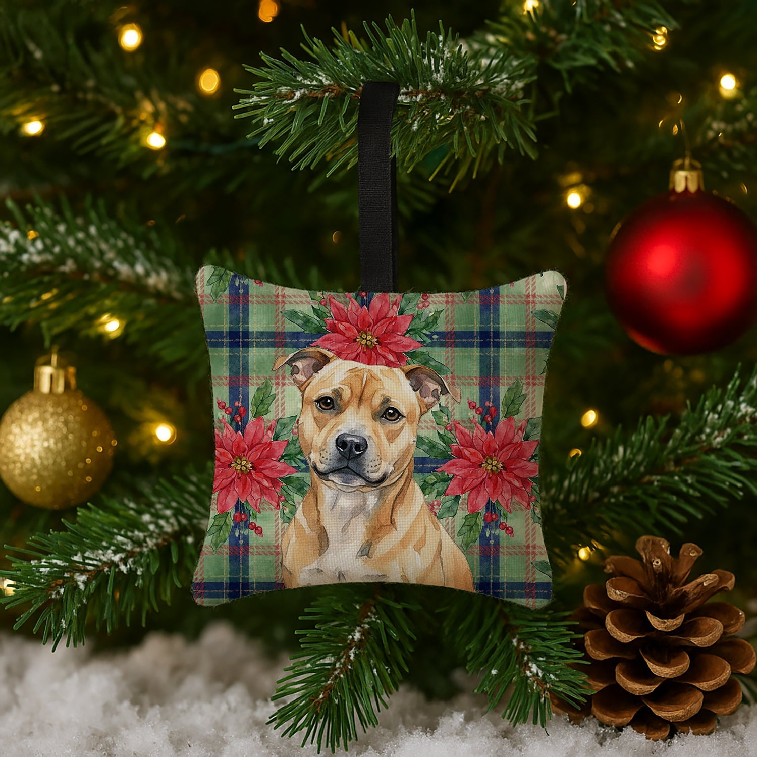 Fawn Staffordshire Bull Terrier Christmas PoinsettIas Hanging Square Fabric Ornament 3.5 � 3.5 Decorative Door-Knob & Tree Hanger, Soft Fabric
