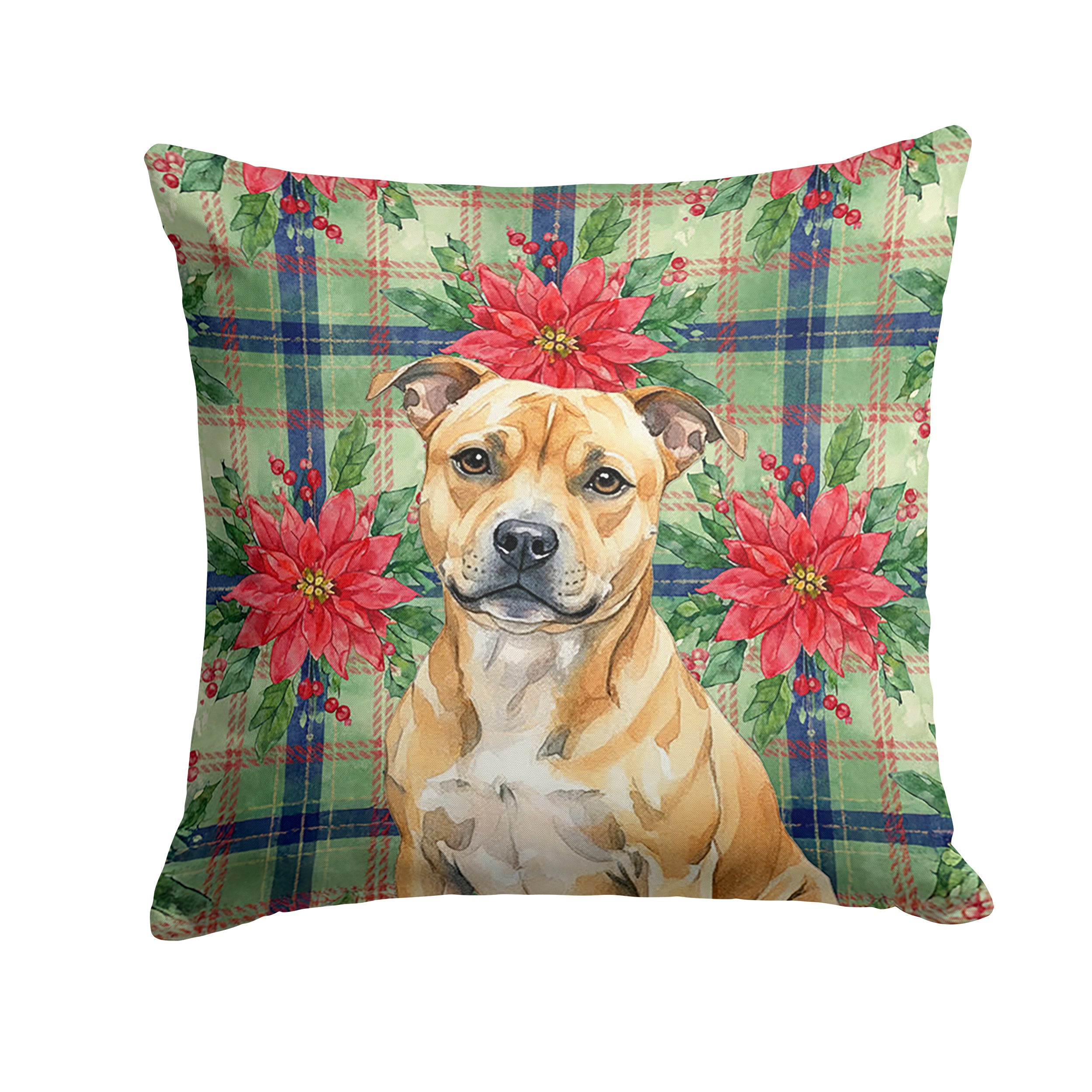 Fawn Staffordshire Bull Terrier Christmas PoinsettIas Decorative Throw Pillow 14x14 Indoor Outdoor Accent Cushion, Fabric Cover with Insert for Sofa, Bed, Porch & Living Room