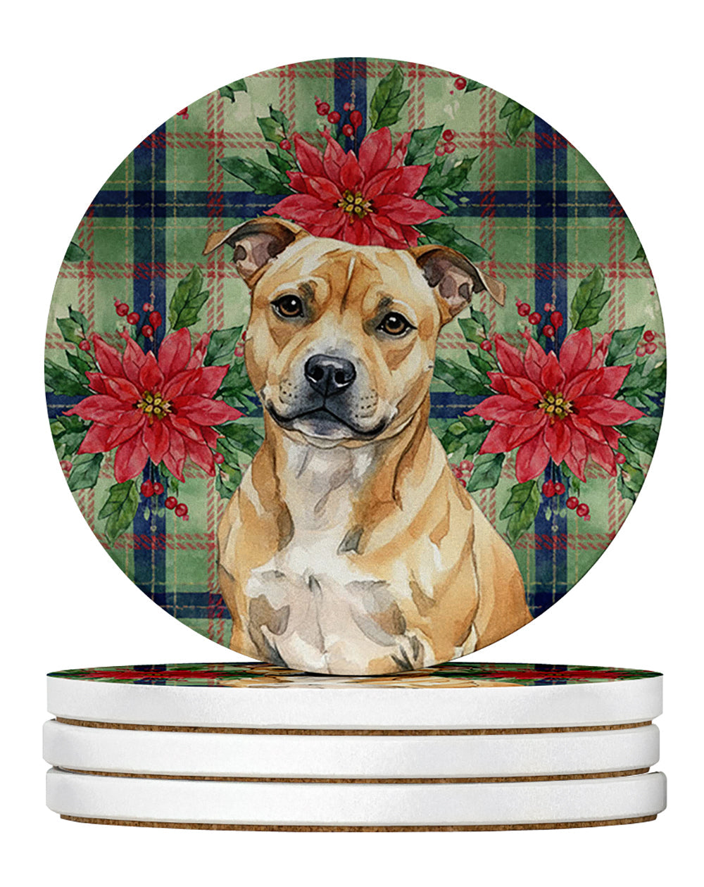 Fawn Staffordshire Bull Terrier Christmas PoinsettIas Large Sandstone Coasters Pack of 4 Absorbent Round Coasters Decor Gifts for Men or Women, 4 in, Multicolor