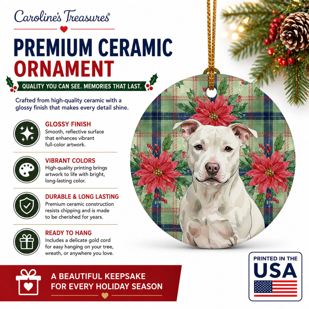 White Staffordshire Bull Terrier Christmas PoinsettIas Ceramic Ornament Christmas Tree Hanging Decorations for Home Christmas Holiday, Party, Gift, 3 in, Multicolor