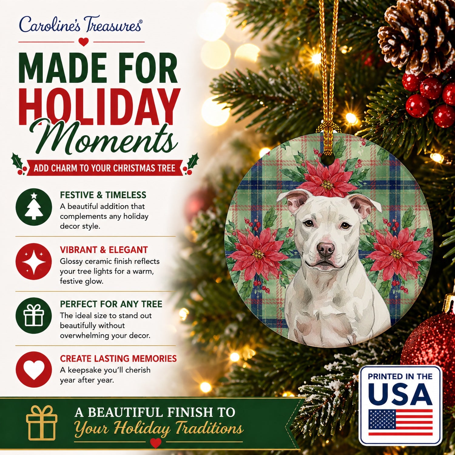 White Staffordshire Bull Terrier Christmas PoinsettIas Ceramic Ornament Christmas Tree Hanging Decorations for Home Christmas Holiday, Party, Gift, 3 in, Multicolor