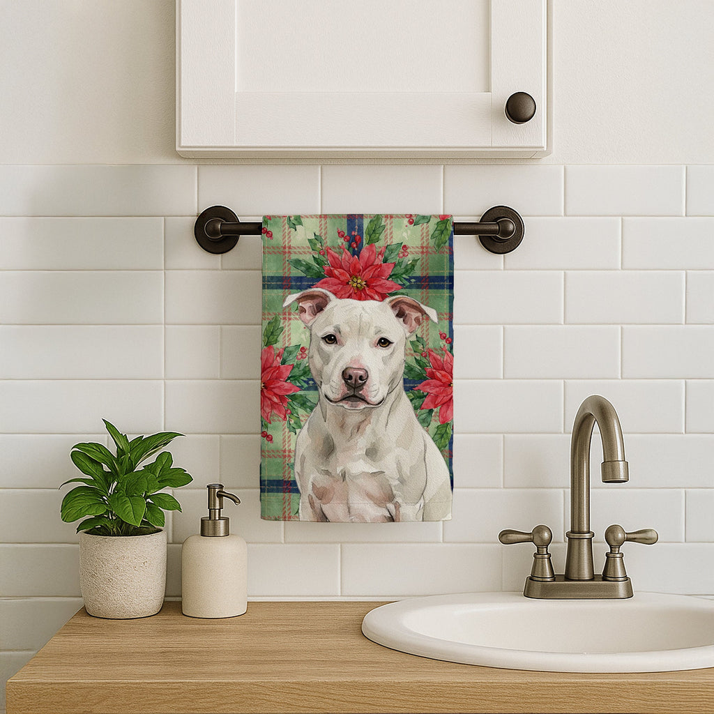 White Staffordshire Bull Terrier Christmas PoinsettIas Kitchen Towel Velour Plush Front and Cotton Loop Back Machine Washable