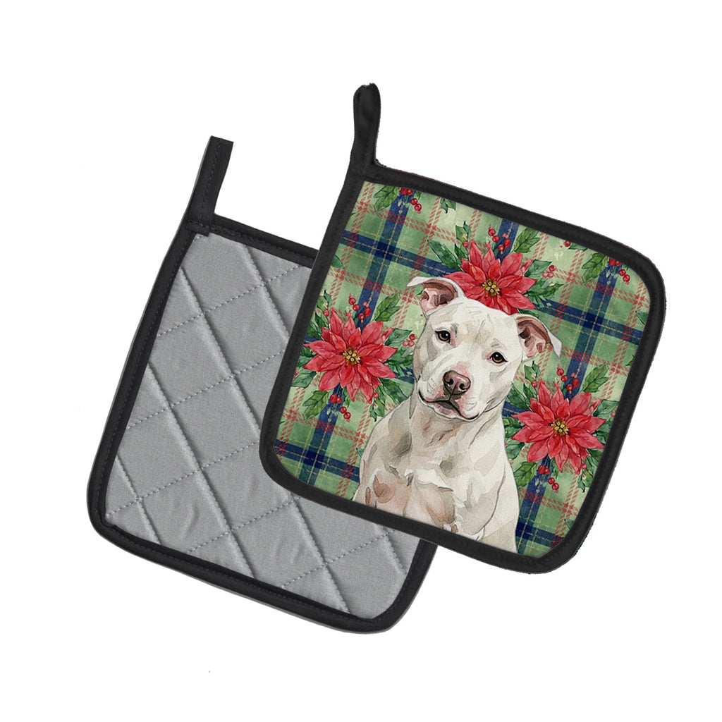 White Staffordshire Bull Terrier Christmas PoinsettIas Pot Holder Set of 2 Heat Resistant Quilted Hot Pads 7.5 x 7.5 Inch, Insulated Kitchen Trivets for Cooking & Baking