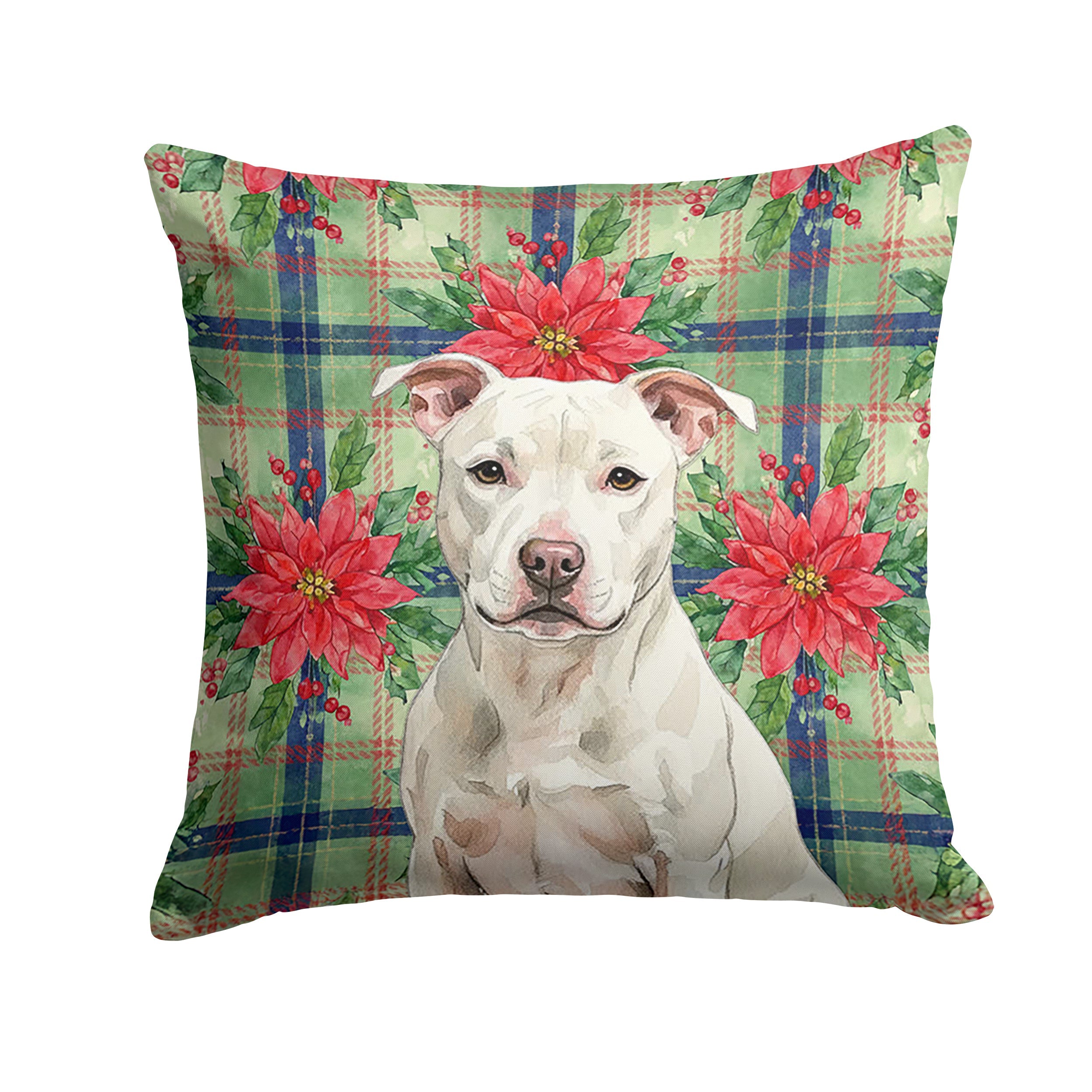 White Staffordshire Bull Terrier Christmas PoinsettIas Decorative Throw Pillow 18x18 Indoor Outdoor Accent Cushion, Fabric Cover with Insert for Sofa, Bed, Porch & Living Room