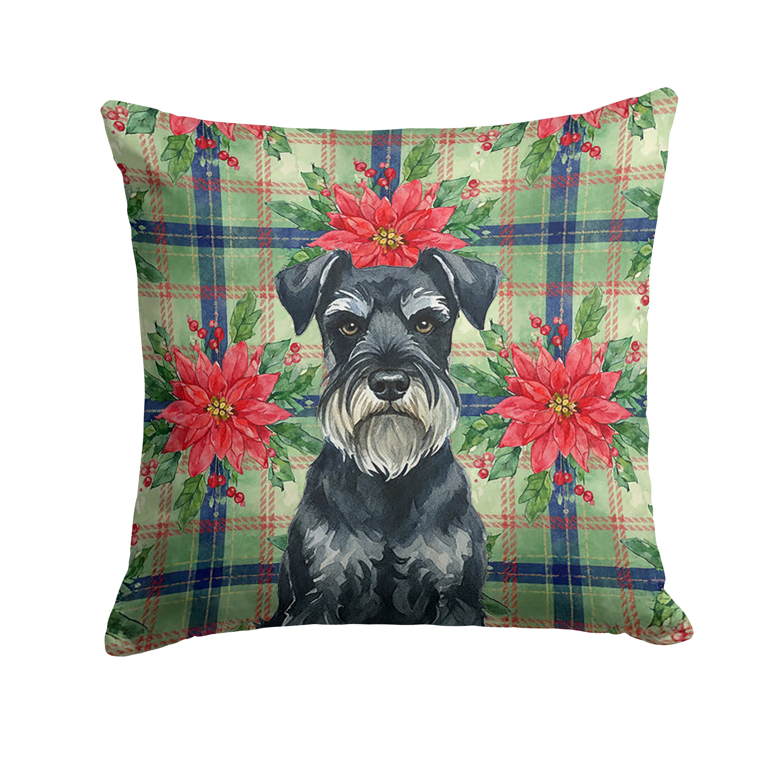 Standard Schnauzer Christmas PoinsettIas Decorative Throw Pillow 14x14 Indoor Outdoor Accent Cushion, Fabric Cover with Insert for Sofa, Bed, Porch & Living Room