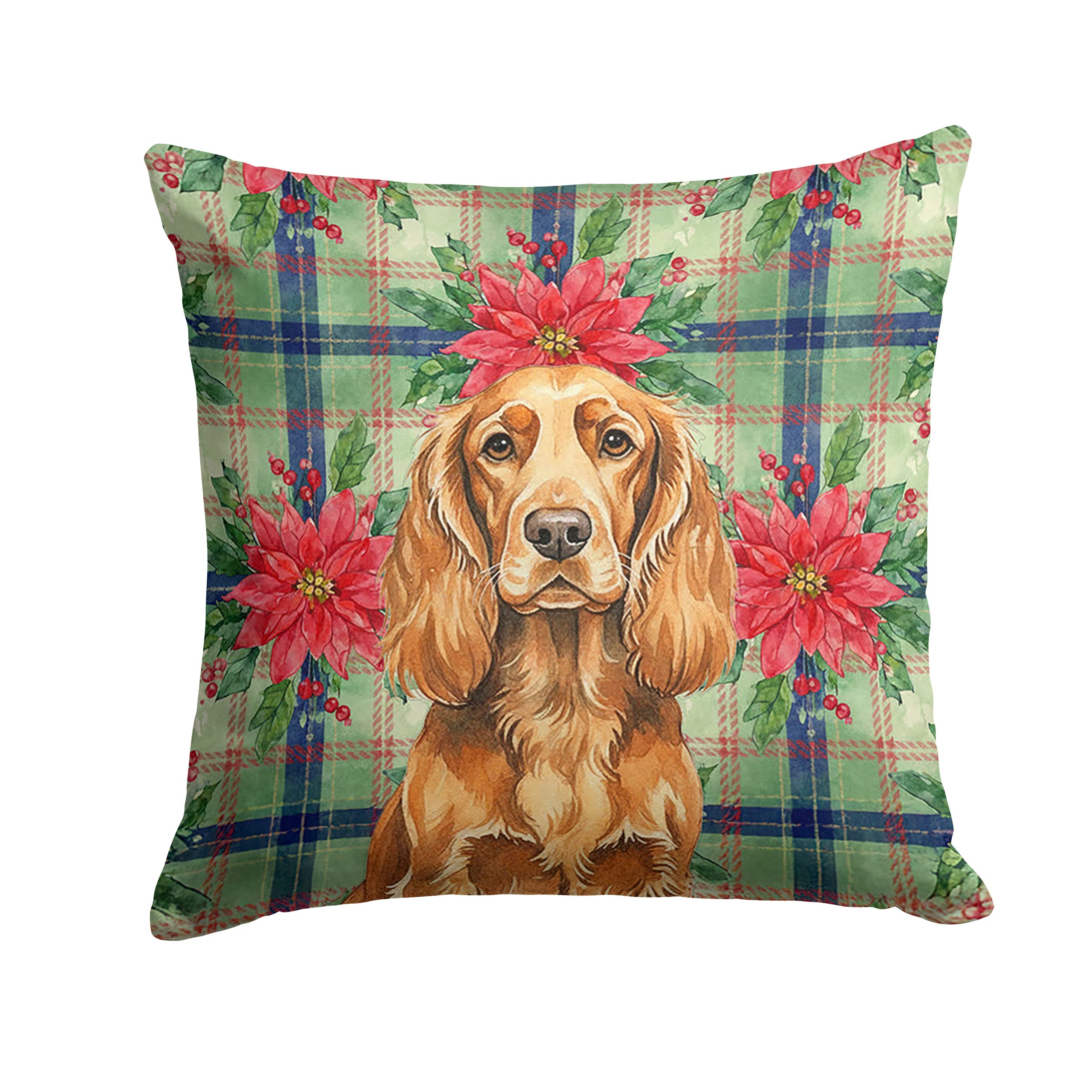 Sussex Spaniel Christmas PoinsettIas Decorative Throw Pillow 18x18 Indoor Outdoor Accent Cushion, Fabric Cover with Insert for Sofa, Bed, Porch & Living Room